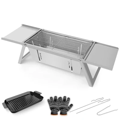 Image of E EASTSTORM Small Folding BBQ Barbecue Grill, Portable Foldable Charcoal Grill for Camping, 304 Stainless Steel Tabletop Smoker Picnic, Garden, Travel