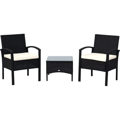 Image of Outsunny 3 Pieces Rattan Set Furniture Garden Cushion Bistro Wicker Brown Patio Outdoor863 039BK