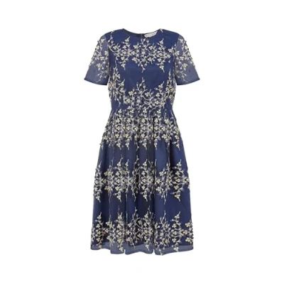 Image of Yumi Womens Navy Embroidered Mesh Prom Dress Size 8 UK