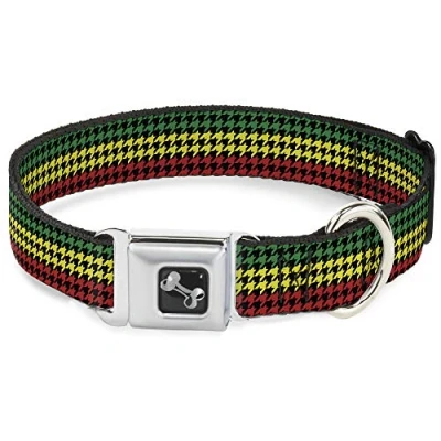 Image of Buckle Down Seatbelt Dog Collar Houndstooth Black/Rasta 1&quot; Wide Fits 15 26&quot; Neck Large