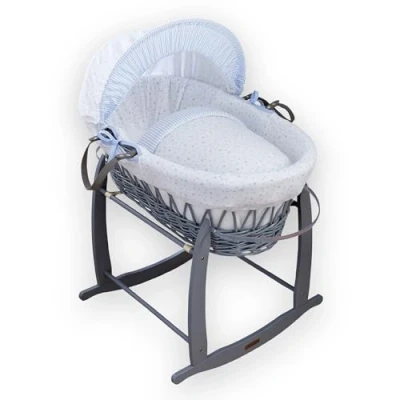 Image of Clair de Lune Stars &amp; Stripes Grey Wicker Moses Basket with Deluxe Rocking Stand Baby Bassinet Newborn Essentials Bundle (Blue)