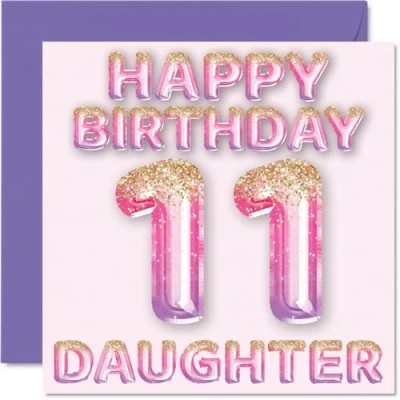 Image of 11th Birthday Card for Daughter Pink &amp; Purple Glitter Balloons Happy Cards 11 Year Old from Mum Dad Parents, 145mm x Bday Greeting Gift