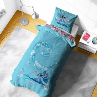 Image of Disney Lilo &amp; Stitch Single Duvet Cover Tropical Hawaiian Design Kids Bedding Set Includes Matching Pillowcase, 100% Polycotton, Blue Pink, 200 x 135cm