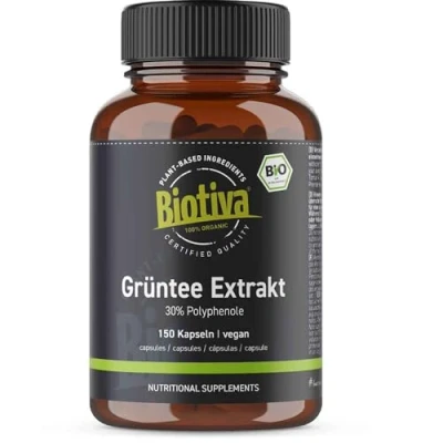 Image of Organic green tea extract 150 capsules 30% polyphenols 400 mg per capsule Biotiva Bottled and controlled in Germany (DE ÖKO 005)