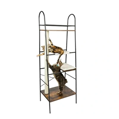 Image of PetFusion Cat Climber Multi Purpose Pet Furniture Tall Scratching Post Scratcher and Bookshelf Play Tower for Indoor Cats