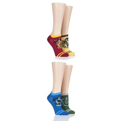Image of 4 Pair Assorted Harry Potter House Badges Cotton Trainer Socks Ladies 8 Film &amp; TV Characters