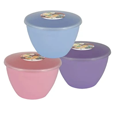Image of Just Pudding Basins Pastel Summer Colours Collection 1 each of Lilac, Sky Blue and Rose Pink Steam Basin Clear Lid 3 Pack (1.5 pint 850ml)