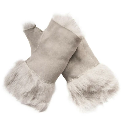 Image of Infinity Leather Womens Warm Winter Shearling Light Grey Toscana Fingerless Cuffs Suede Sheepskin Mitten Gloves