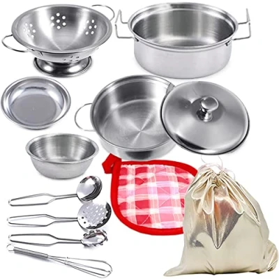 Image of Mini Play Kitchen Food Cooking Accessories.Stainless Steel Pretend Utensils Cookware Set Toys Montessori Kitchen, Children Pan Pots And Pans For Kids Toddlers (Tiny Size)