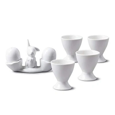 Image of WM Bartleet &amp; Sons 1750 TSET91 Porcelain Bunny, Mini Cruet Salt Pepper Shaker with 4 Egg Cups, Breakfast Set White