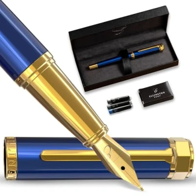 Image of Ellington Pens Luxury Fountain Pen Set for Writing Smooth Medium Nib Includes Refillable Ink Converter, 3 Cartridges [Black &amp; Blue], Gift Box Elegant Calligraphy
