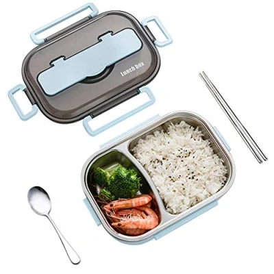 Image of amropi Bento Box Stainless Steel Lunch Containers 2/3/4/5 Compartment Food Storage with Chopsticks and Spoon (Blue, 2 Compartment)