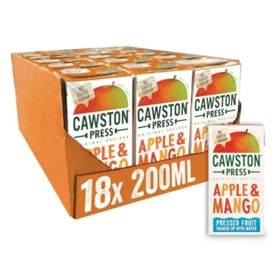 Image of Cawston Press Fruit Water Kids Drink Pressed Apple &amp; Mango Flavoured 200ml x 18 Pack Juice Cartons School Approved No Added Sugar Vegan Ideal for Lunchbox