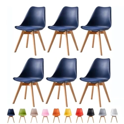 Image of mcc direct Set of 6 Dining Chairs Wooden Legs Soft Cushion Pad Stylish DELUXE Retro Lounge Office EVA (Blue)