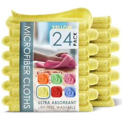 Image of Hearth &amp; Harbor Microfiber Cleaning Cloth, Towels for Cars 24 Pack Washcloths, Yellow Rags, Reusable Towel, Cloth Rags Cleaning, Lint Free