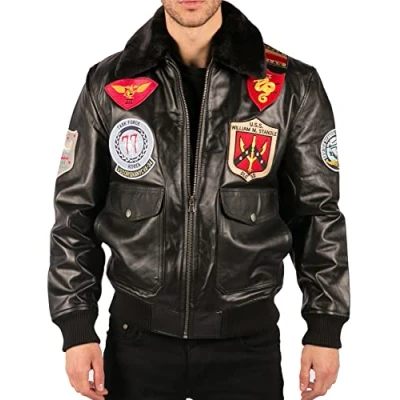Image of Men&#039;s Bomber Jacket Outwear Windproof Winter US Aviator Air Force Pilot Flying Real Leather Jackets Coat Black XXL