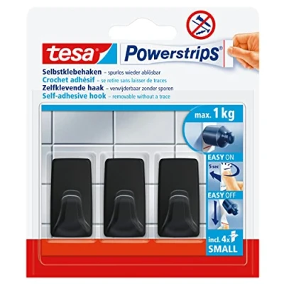 Image of tesa Powerstrips Self Adhesive Hooks 3 x Small Square Shaped for Tiles, Glass, Plastic and Other Surfaces Strong Hold, Up to 1kg Black