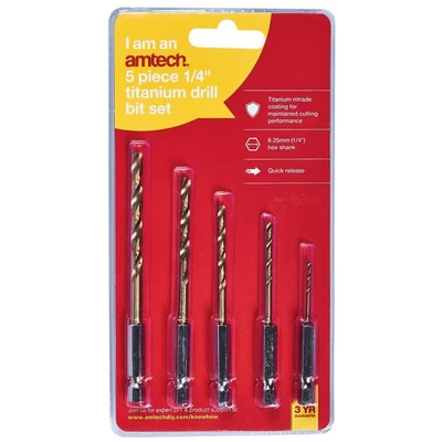 Image of Amtech F1110 5 Piece 6.25mm (1/4&quot;) Titanium Coated high Speed Steel (HSS) Drill bit Set