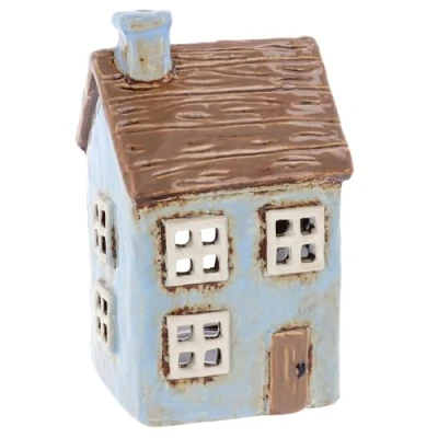 Image of Shudehill Giftware Village Pottery Thatched Roof House Tealight Holder Aqua, Blue, Pink &amp; Cream (Pale Blue)