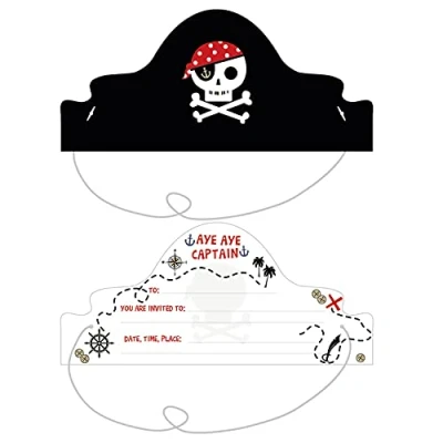 Image of Amscan 9910328 Treasure Island Kids Birthday Party Pirate Hat Invitations with Elastic 8 Pack