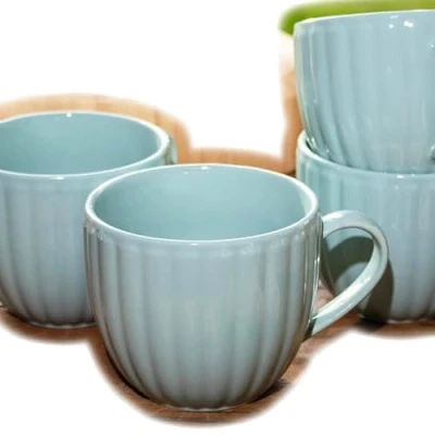Image of Darthome Set of 4 Blue Luxe Oversized Mugs 420ml Stoneware Ribbed Duck Egg Hot Coffee Cup
