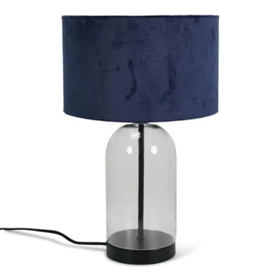Image of Glass and Black Metal Bedside Table Lamp with a Navy Blue Velvet Lampshade Living Room Bedroom Light