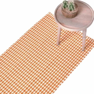 Image of HOMESCAPES 100% Cotton Gingham Runner Handwoven Orange White 66 x 200 cm Check Hall for Living Room Bedroom and Hallway