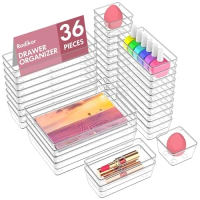Image of Radikor Drawer Organiser, 36 Piece Set, 4 Sizes, Clear Plastic, Minimalist Style, Makeup, Office, Kitchen, Bathroom