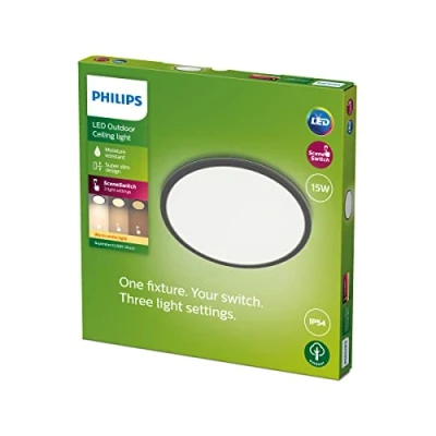Image of PHILIPS LED Superslim Outdoor Ceiling Light 15W [Warm White Black] Water Resistant IP54, for Garden, Patio and Terrace Lighting.