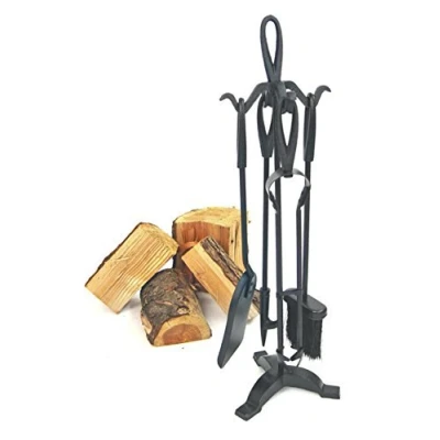 Image of Garden Mile 5pc Black Fireside Companion Set Durable Cast Iron Fireplace Accessories for Wood Burning Stove Fire Poker, Shovel, Brush Complete Sets Log Burners