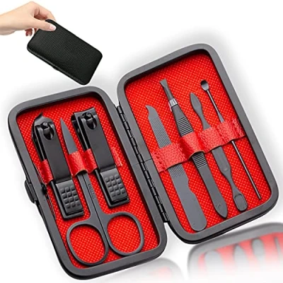 Image of Professional Manicure Stainless Steel Set, 7 pcs Portable Nail Clippers Pedicure Eyebrow Grooming Kit, Care Tools with Luxurious Leather Case