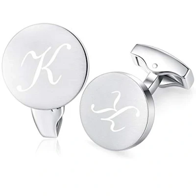 Image of Honey Bear Initial Alphabet Letter Cufflinks for Men, Silver Round Shape Stainless Steel Wedding Business Gifts A Z (K)