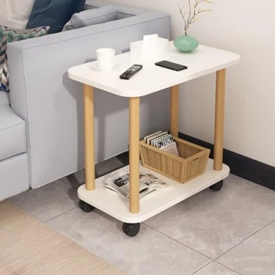 Image of tinysiry Side Table End Table,Wood Night Stand with 2 Tier Storage Shelf &amp; 4 Wheels, Mobile Bedside Coffee for Bedroom Living Room Small Space White