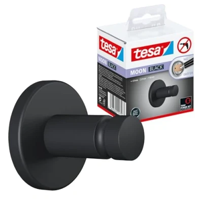 Image of tesa MOON BLACK Towel Hook, matt black, for bathroom and WC bathrooms in industrial style modern drill free, incl. adhesive solution 37 mm x 36