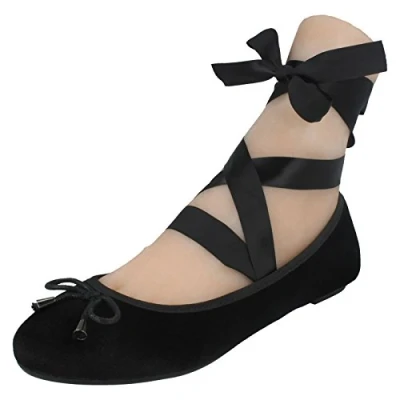 Image of Spot On Ladies Tie Up Leg Flat Ballerinas Black Velvet UK Size 6 EU 39 US 8