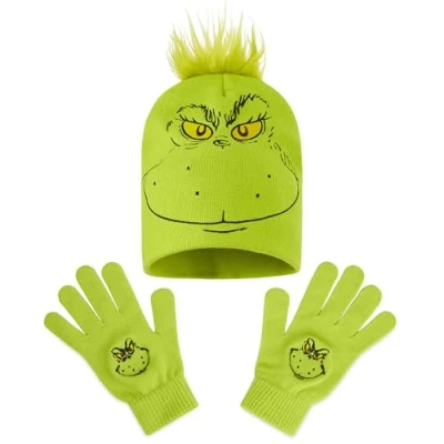 Image of The Grinch Hat Scarf and Gloves Ladies Winter Accessories, Funny Hand Warmer Long Mitten Gifts for Her (Green 2 Pcs)