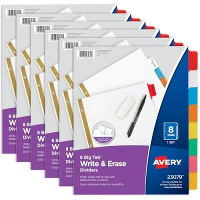 Image of Avery Big Tab Write &amp; Erase Dividers for 3 Ring Binders, 8 Set, Multicolor Divider Tabs, Great Organizing Projects, Reports, Finances, and More (6 Pack of 23079)