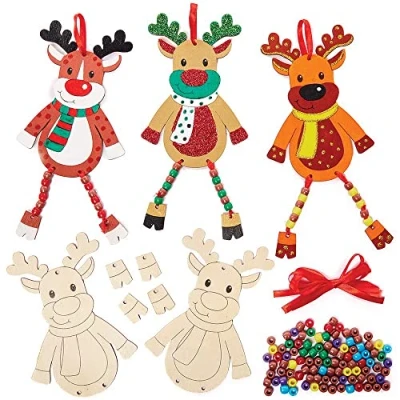Image of Baker Ross FX238 Reindeer Wooden Beading Decoration Kits Pack of 5, Wood Craft Decorations for Kids Christmas Party, Arts and Crafts