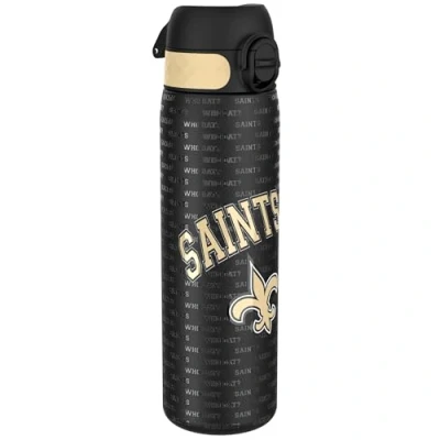 Image of ION8 Steel Water Bottle, 600 ml/20 oz, Leak Proof, Easy to Open, Secure Lock, Dishwasher Safe, Flip Cover, Fits Cup Holders, Carry Handle, Durable, Metal Raised Print, NFL Saints Design