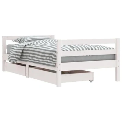 Image of vidaXL Kids Bed Frame in White with Storage Drawers Solid Pinewood for Children Including Headboard and Footboard Low Design Easy Access