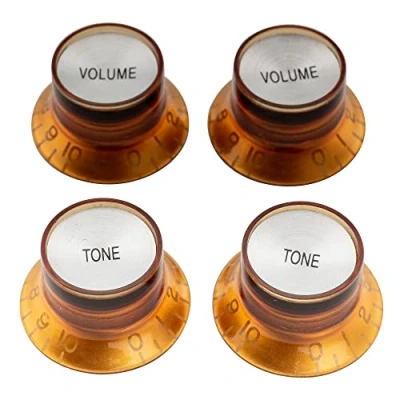 Image of Musiclily Pro Inch Size LP Guitar Reflector Knobs 2 Volume Tone Top Hat Bell Set for USA Les Paul SG Style Electric Guitar, Amber with Silver