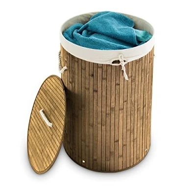Image of Relaxdays Folding Round Laundry Basket Bin Hamper, 65 x 41 cm, 80 L, Made of Bamboo, Foldable, Fabric, Light Brown, cm