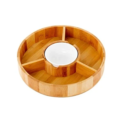 Image of Chip and Dip Serving Bowl Wooden Appetizer Platter Set with Cup for Salsa, Guacamole, Nacho, Vegetables, Taco Chip, Snacks More 12 Inch Diameter. Perfect the BIG GAMES !