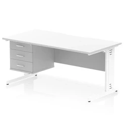 Image of Impulse 1600 x 800mm Scalloped Edge Office Desk White Top Cable Managed Leg Workstation 1 3 Drawer Fixed Pedestal