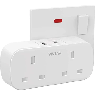 Image of VINTAR Double Plug Adaptor with 2 USB, Way Plugs Extension Multi Sockets Wall Charger Adapter, 13A UK 3 Pin Power Socket for Bedroom, Office, Kitchen, White,1 pack