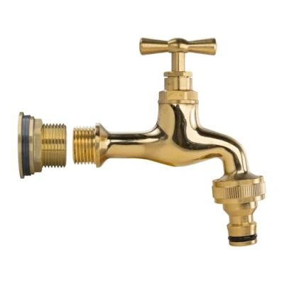 Image of 3/4&quot; Water Butt Replacement Faucet Brass Metal Lever Tap with UK Bib Outlet &amp; Hose Barb Adapter,Quick Connect Garden Hosepipes (Polished (Quick Connector))