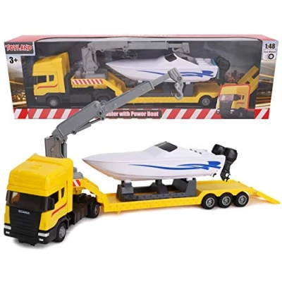 Image of Toyland® Scania Flatbed Hauler Transporter Truck With Power Boat 1:48 Scale Free Wheel