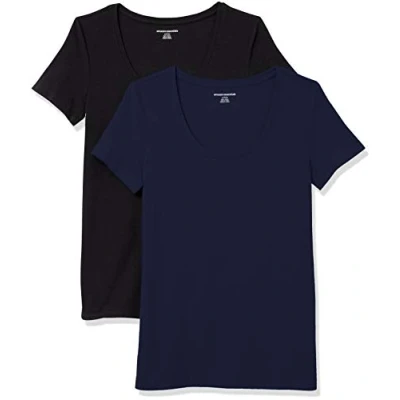 Image of Amazon Essentials Women&#039;s Classic Fit Short Sleeve Scoop Neck T Shirt (Available in Plus Size), Pack of 2, Black/Navy, S