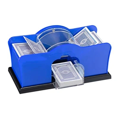 Image of Relaxdays Unisex adult cortblander Card shuffling machine for 2 decks with crank manual shuffler playing cards up to, blue, 1 piece EU