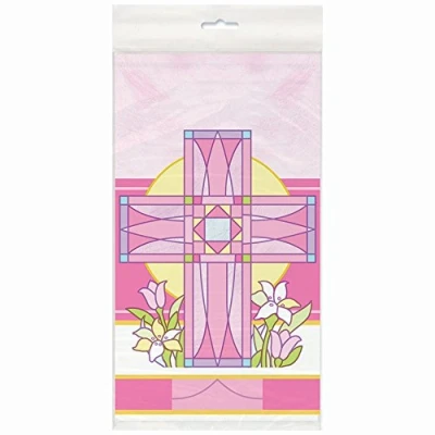 Image of Unique Industries 45113 Pink Sacred Cross Religious Plastic Tablecloth, 84&quot; x 54&quot;